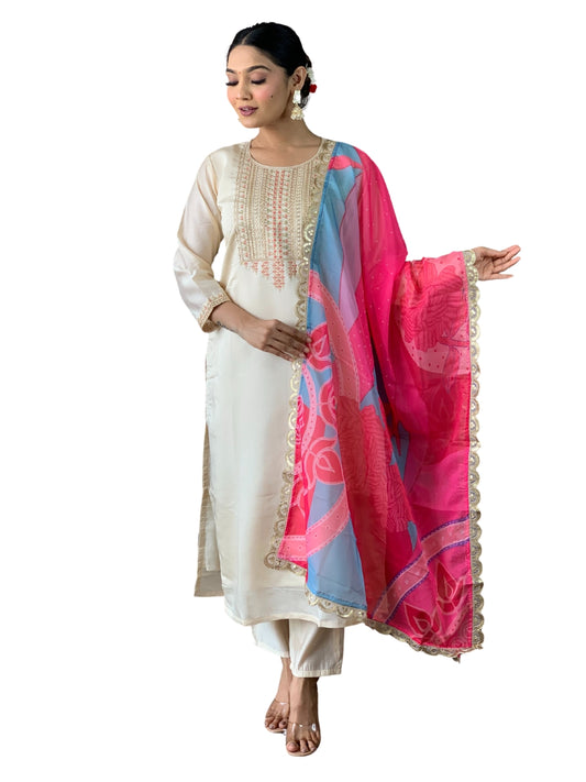 Women’s Viscose Chanderi Kurti Set with Embroidered Nylon Taby Dupatta & Pant – Designer Round Neck, Knee Length