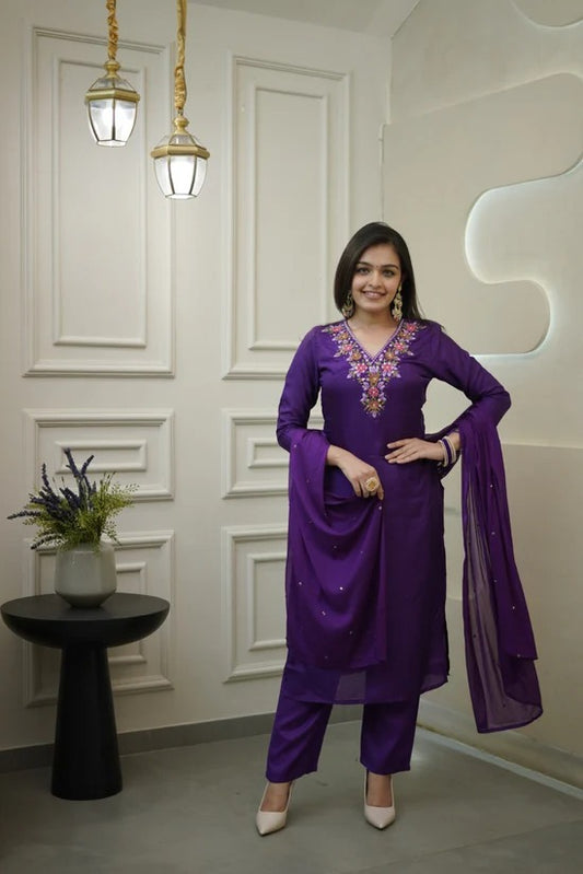 New Embroidered Vichitra Suit Set with Elegant Chanderi Dupatta – 3-Piece Premium Ethnic Ensemble