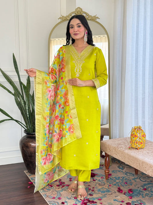 Charming Viscose Chanderi Embroidered Suit with Printed Jacquard Dupatta