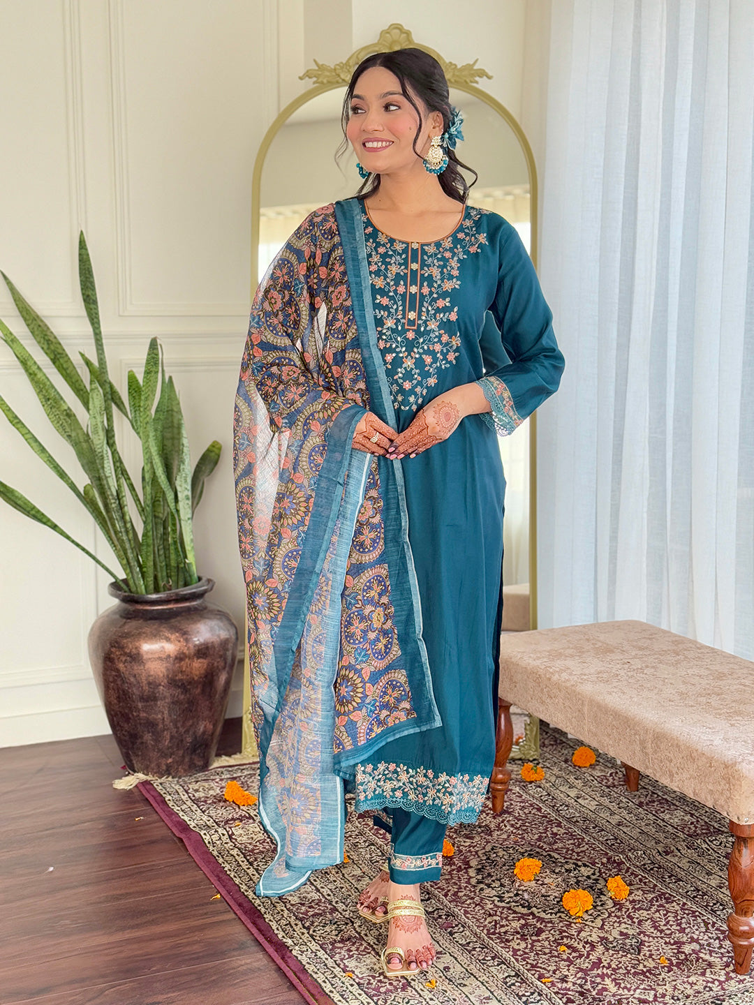 Graceful Chanderi Silk Suit Set with Embroidered Pure Linen Dupatta