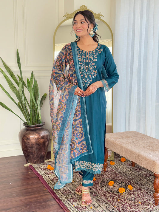 Graceful Chanderi Silk Suit Set with Embroidered Pure Linen Dupatta