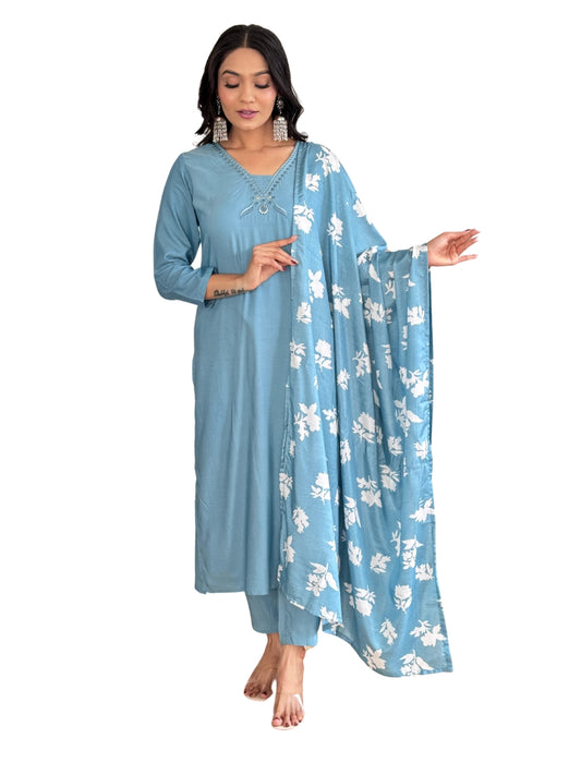 Designer Viscose Chanderi Embroidered Suit with Silk Dupatta