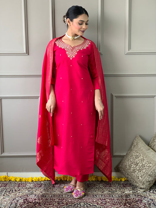 Elegant Ethnic Wear Embroidered Viscose Chanderi Suit Set with Rich Jacquard Dupatta – 3-Piece