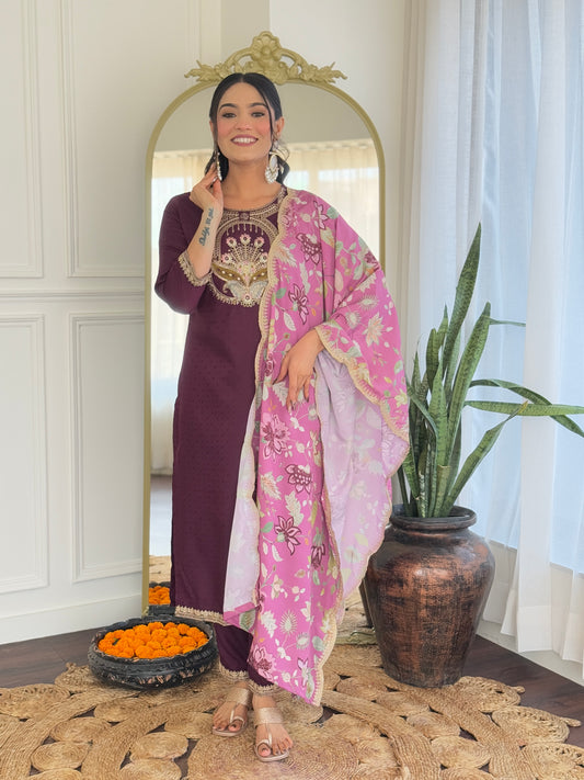 Everyday Ethnic Wear: Embroidered Rayon Suit Set with Elegant Crepe Dupatta