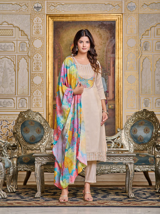 Cream Viscose Simar Embroidered Kurti Pant Set with Chinnon Dupatta