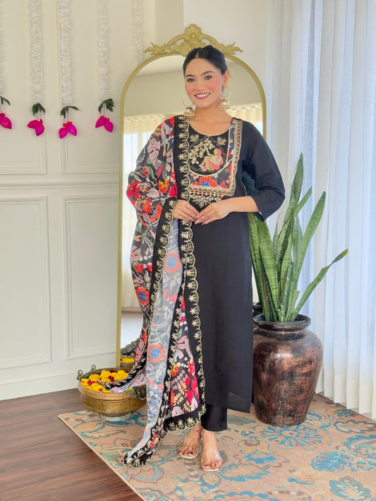 Premium Ethnic Wear Embroidered Viscose Chanderi Suit Set with Elegant Silk Dupatta – 3-Piece