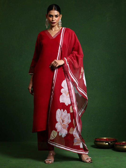 Women's PV Chanderi Embroidered Kurta with Pant & Premium Organza (Taby) Dupatta | Readymade 3-Piece Ethnic Suit Set | Elegant Wear for Festive, Semi-Formal & Special Occasions