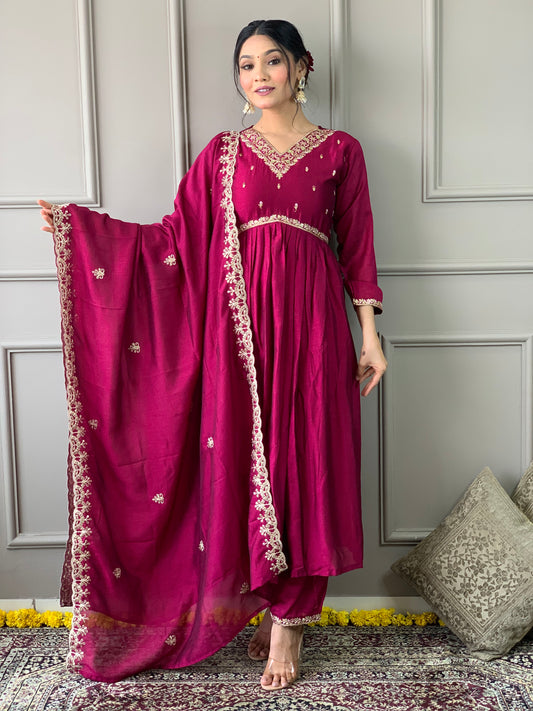 Elegant CP Vichitra Embroidered Suit Set with Matching Dupatta