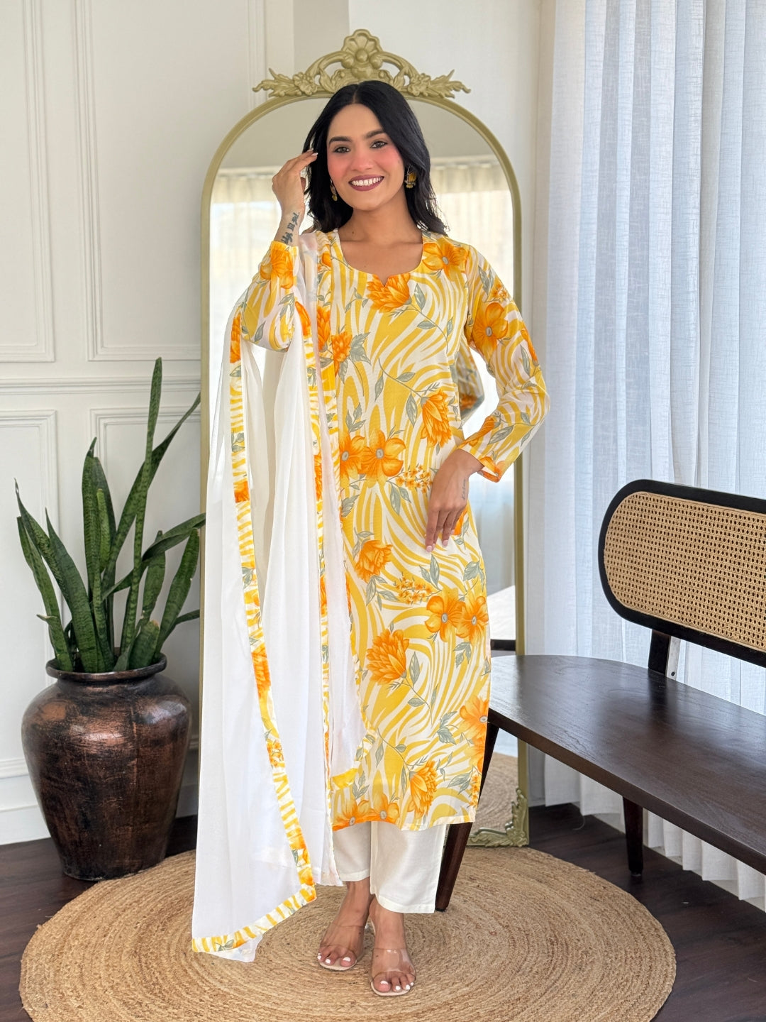 All-Over Print Chanderi Kurti Set – 3-Piece Suit for Casual Fashion