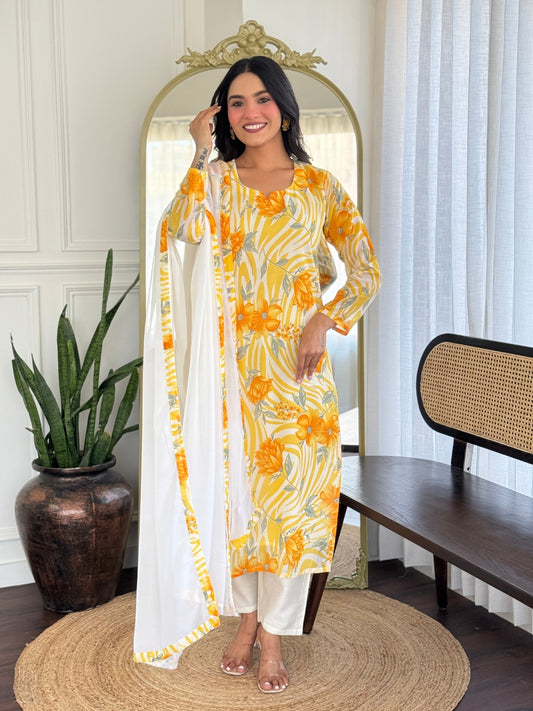 All-Over Print Chanderi Kurti Set – 3-Piece Suit for Casual Fashion