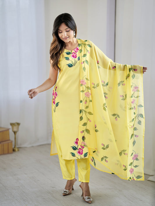 Contemporary Ethnic Wear Viscose French Crepe Suit Set with Lightweight Georgette Dupatta – 3-Piece