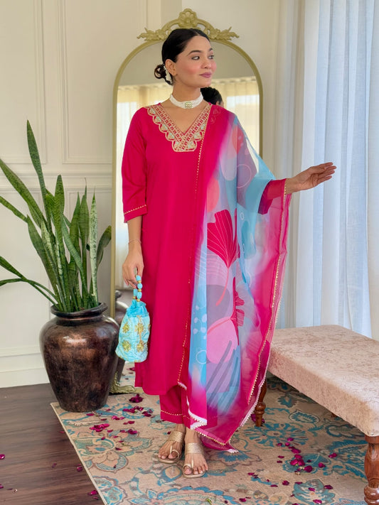 Casual Ethnic Wear Embroidered Reyon Slub Suit Set with Printed Teby Silk Dupatta – 3-Piece