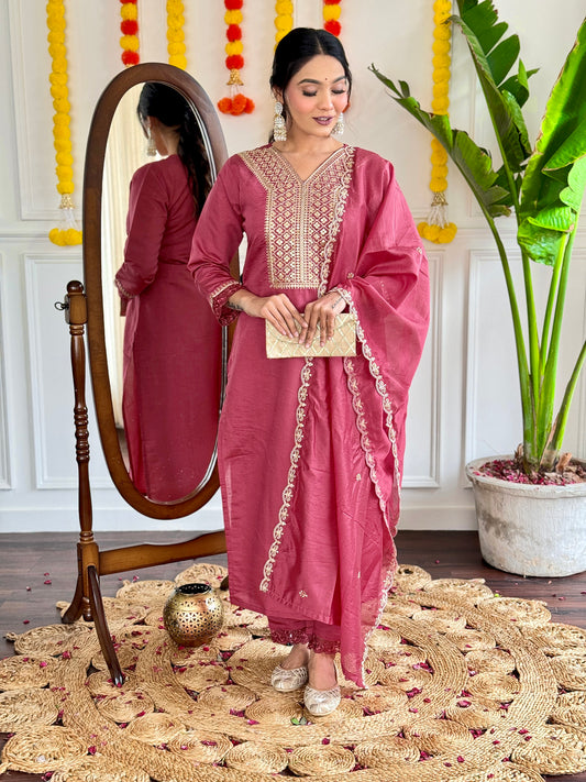 Women’s Viscose Chanderi Kurti Set with Embroidered Nylon Chanderi Dupatta & Pant – Full Sleeves, Designer V Neck