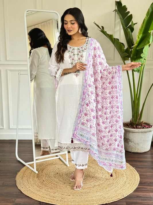 Women's Elegant White Kurti Pant Set in Viscose Chanderi Fabric with Lightweight Clinen Dupatta | Festive & Casual Wear