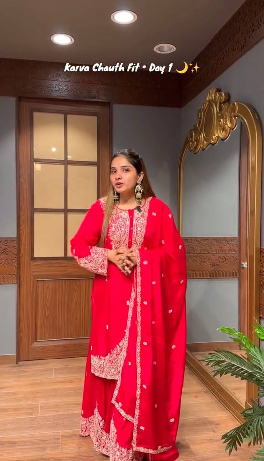 Designer Faux Georgette Sharara Set with Embroidered Dupatta | Fully Stitched Premium Ethnic Wear