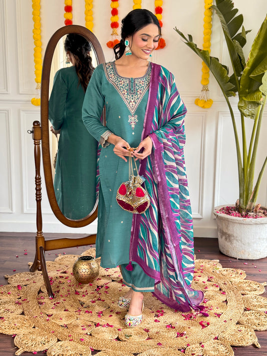 Designer Embroidered Chanderi Suit Set with Natural Linen Dupatta