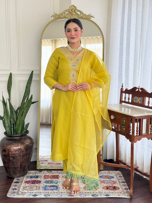 Latest Style Embroidered Viscose Rayon Suit Set with Organza Dupatta