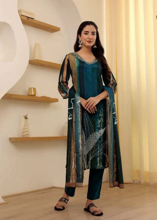 Chic Viscose Rayon Kurti Set with Embroidery & Chanderi Cotton Dupatta – 3-Piece Ethnic Outfit for Women