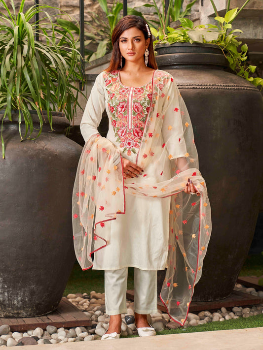 Women's Viscose Chanderi Embroidered Kurta with Pant & Soft Butter Net Dupatta | Readymade 3-Piece Ethnic Suit Set | Elegant & Lightweight Wear for Festive, Party & Semi-Formal Occasions