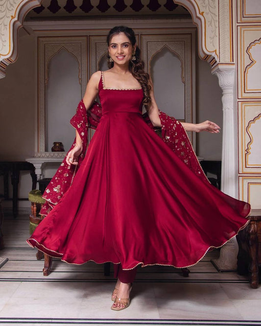 Party Wear Fully Stitched Outfit for Designer Heavy Faux Georgette Gown Set with Embroidered Dupatta & Bottom