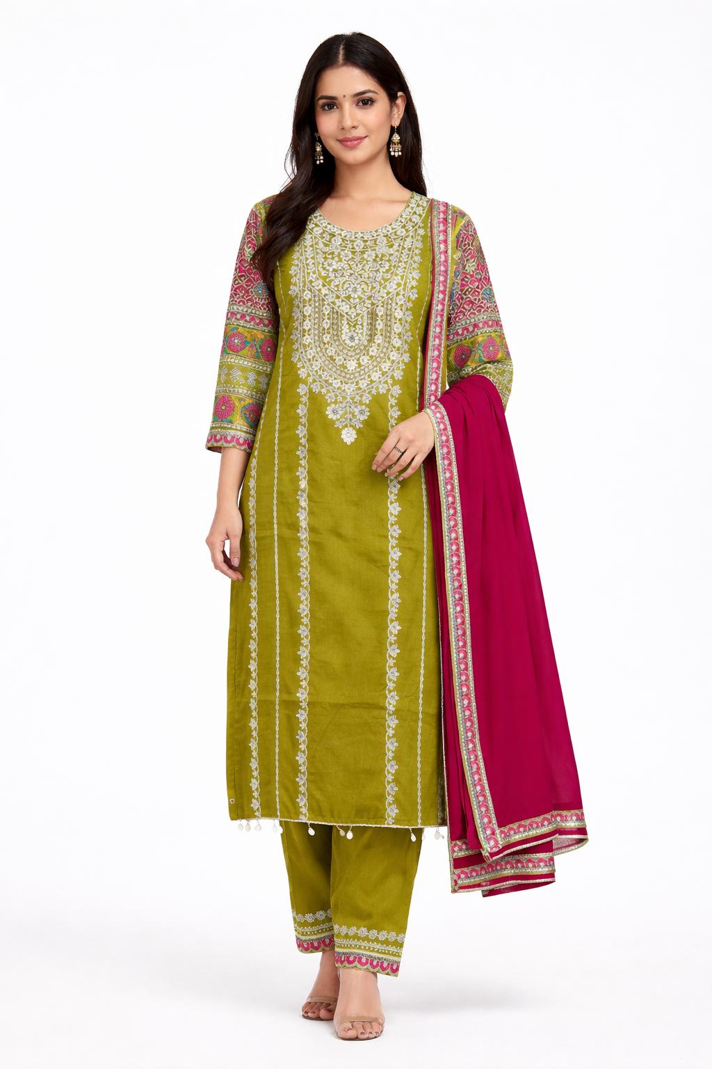 Women’s Green Embroidered Chinnon Kurta Pant Set with Dupatta | Fully Stitched Ethnic Wear | Festive & Party Outfit