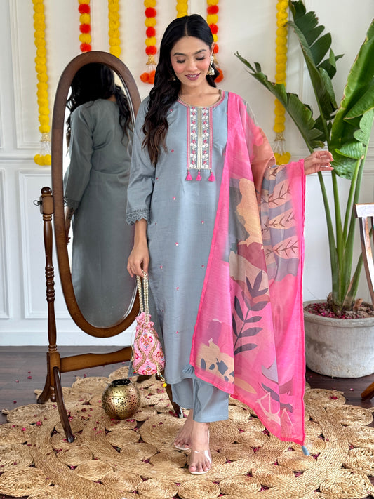 Festive Ready Embroidered Chanderi Suit with Lightweight Linen Dupatta