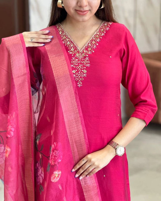 Premium Chanderi Embroidery Suit with Lightweight Organza Dupatta