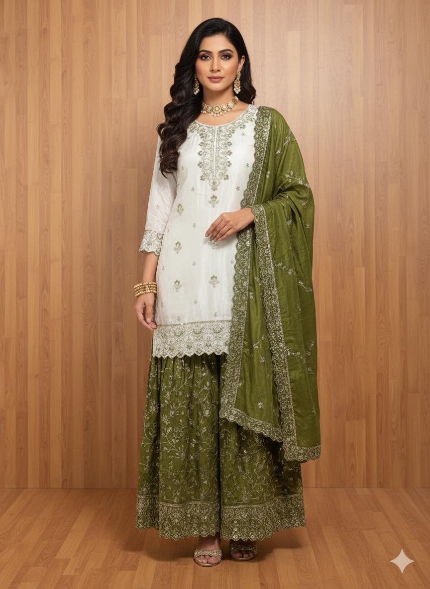Women Olive Green Embroidered Sharara Suit Set | Short Kurti with Sharara & Dupatta | Party & Festive Wear