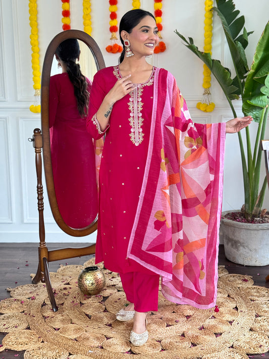 Premium Chanderi Embroidered Suit Set with Pure Linen Dupatta – New Arrival