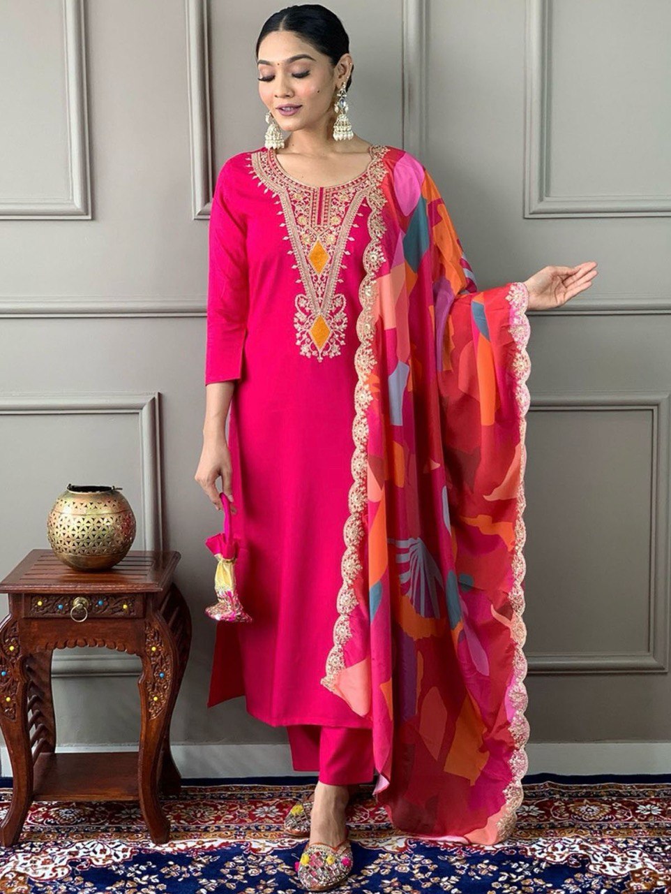 Premium Heavy Roman Fabric Embroidered Suit Set with Chinon Digital Print Dupatta – Ready to Wear