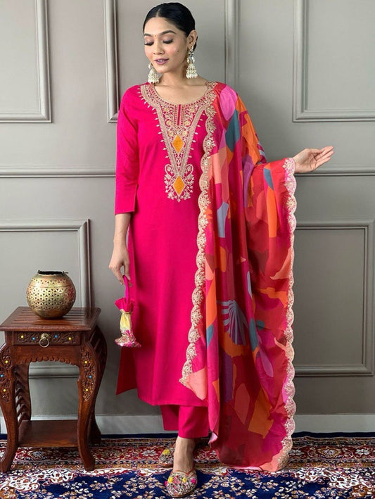 Premium Heavy Roman Fabric Embroidered Suit Set with Chinon Digital Print Dupatta – Ready to Wear
