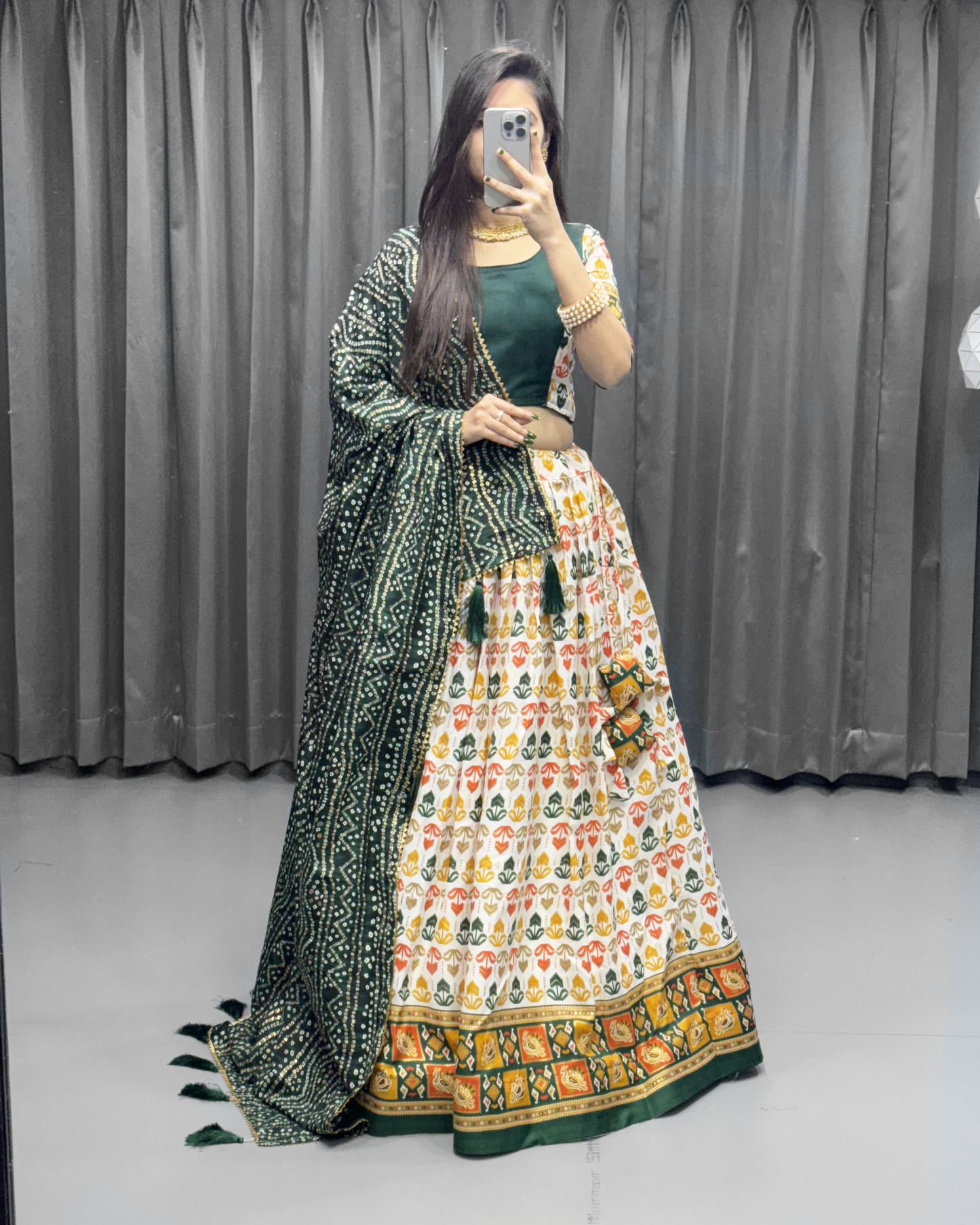 Women’s Cotton Lehenga Choli Set – Foil Print, Bandhani Dupatta, Adjustable Fit