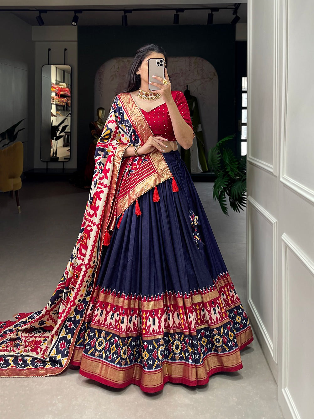 Elevate Your Navratri Look with This Printed Silk Lehenga Choli – A Masterpiece of Style & Mirror Work