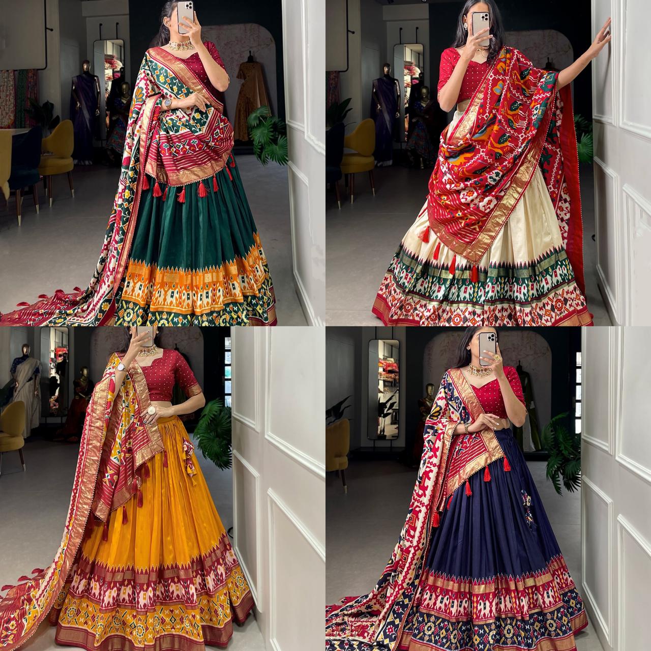 Elevate Your Navratri Look with This Printed Silk Lehenga Choli – A Masterpiece of Style & Mirror Work