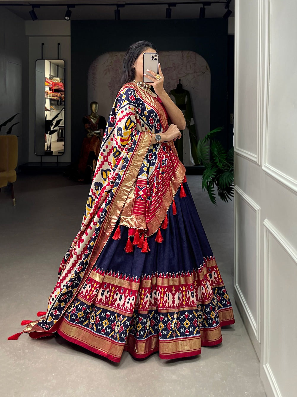 Elevate Your Navratri Look with This Printed Silk Lehenga Choli – A Masterpiece of Style & Mirror Work