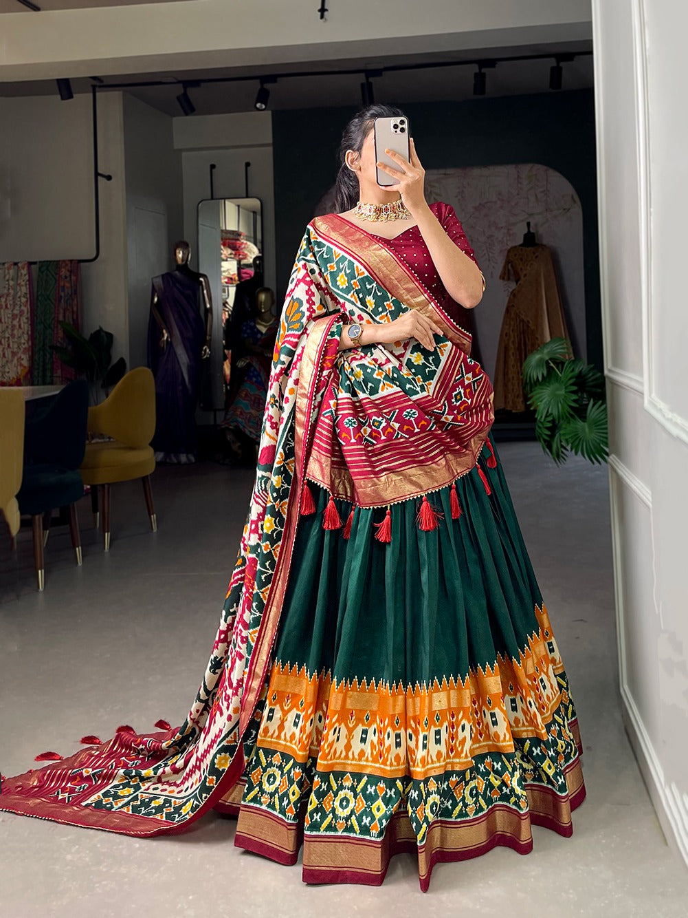 Elevate Your Navratri Look with This Printed Silk Lehenga Choli – A Masterpiece of Style & Mirror Work