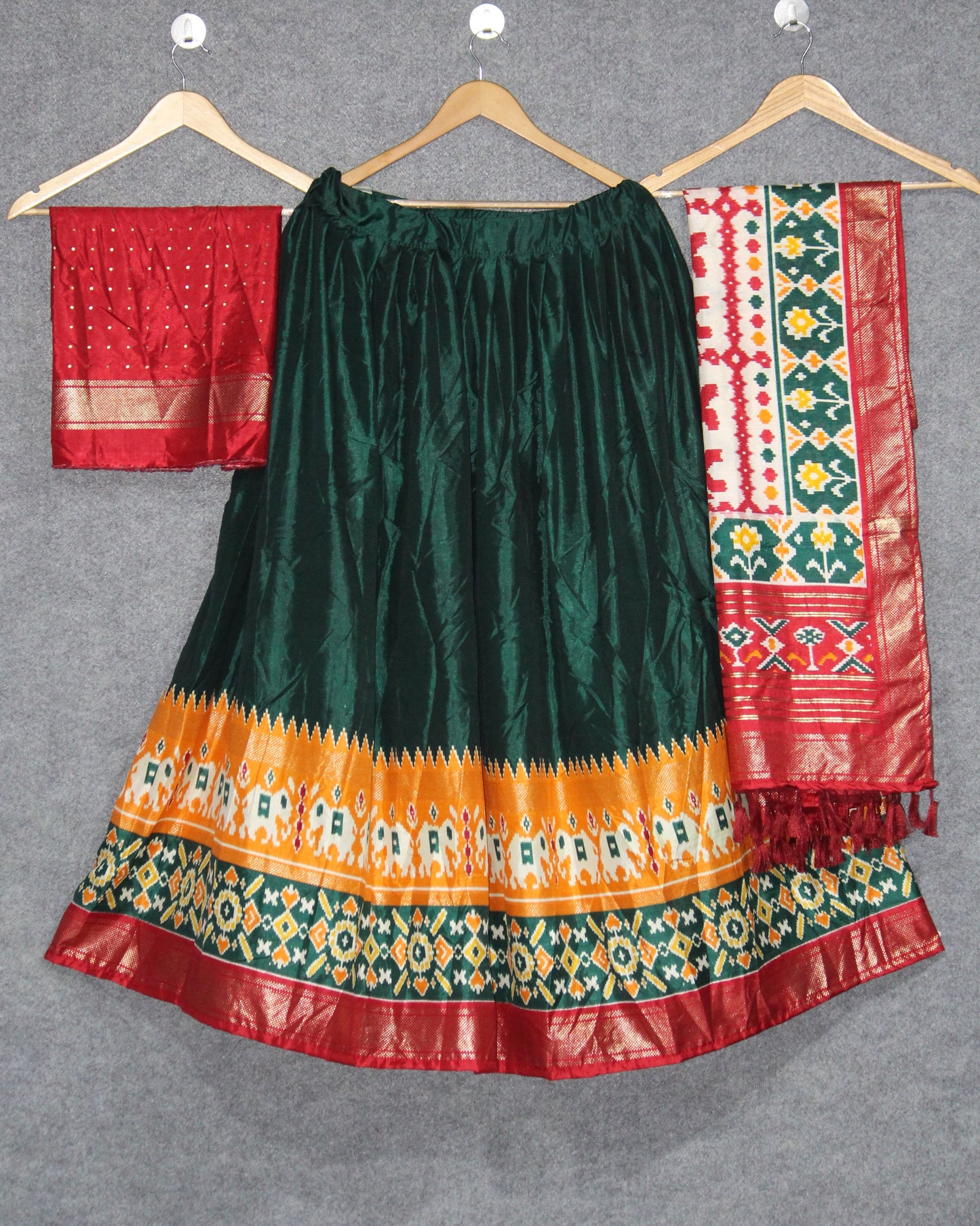 Elevate Your Navratri Look with This Printed Silk Lehenga Choli – A Masterpiece of Style & Mirror Work