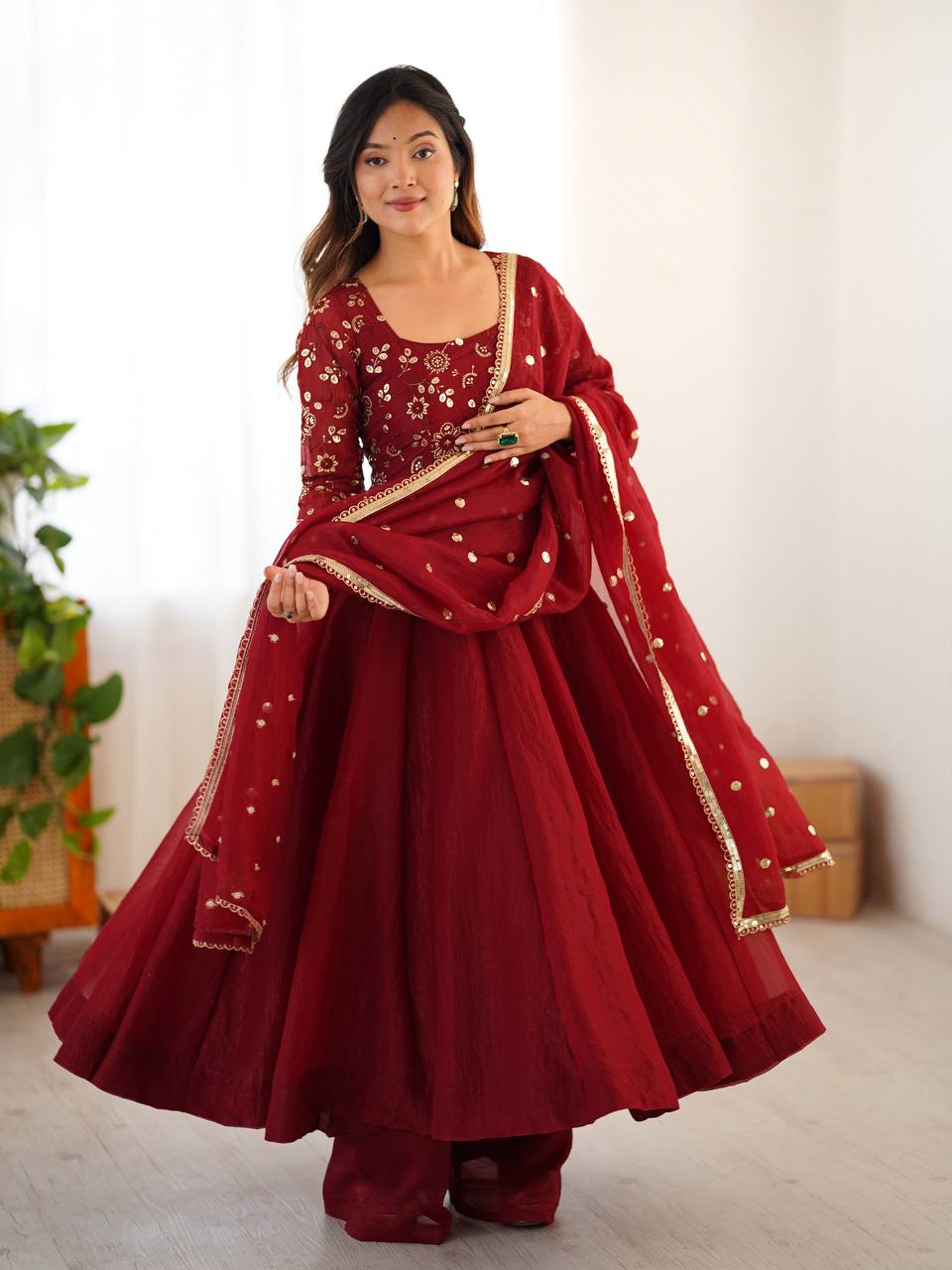 Premium Women’s Ethnic Wear Crunchy Silk Gown Set with Embroidered Dupatta & Matching Pant
