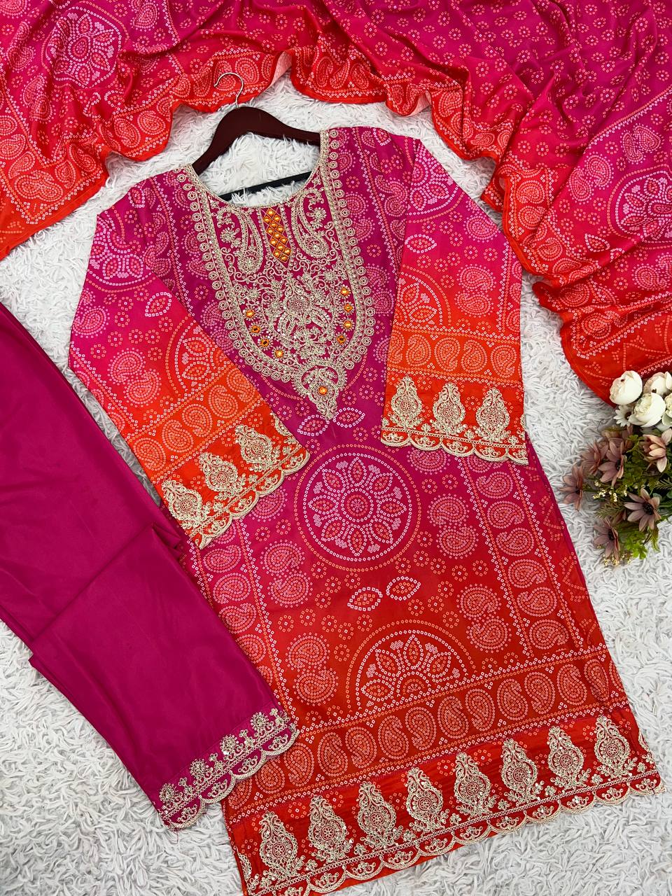 Designer Pure Natural Crepe Suit Set with Heavy Embroidery & Digital Print Dupatta | Fully Stitched Ready-to-Wear Ethnic Wear