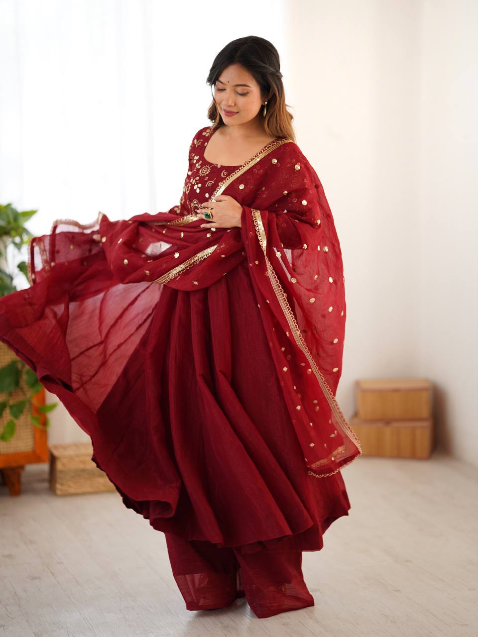 Premium Women’s Ethnic Wear Crunchy Silk Gown Set with Embroidered Dupatta & Matching Pant