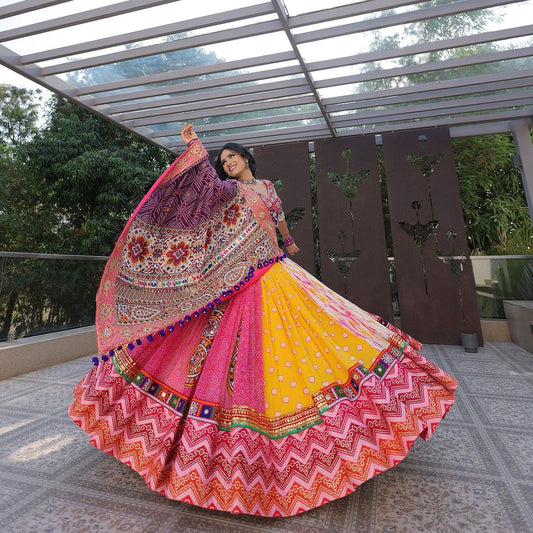 Classy Silk Lehenga with Digital Print & Real Mirror Work – Perfect for Navratri