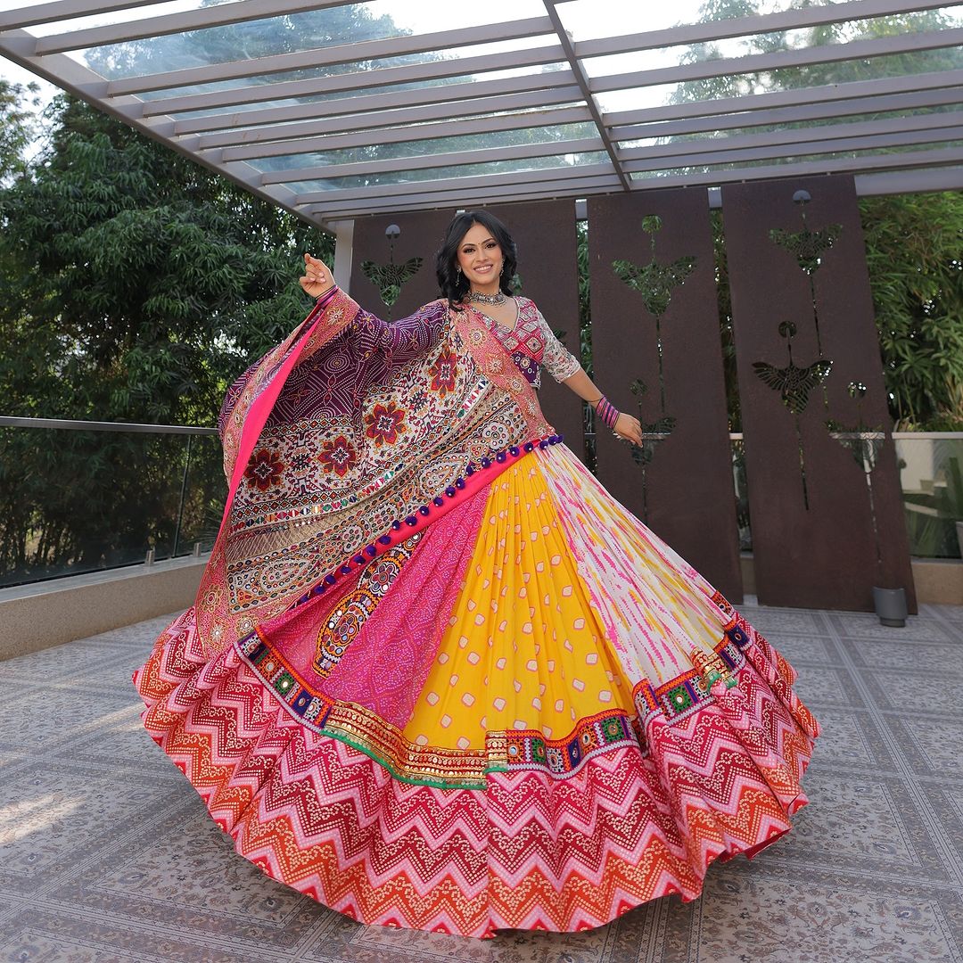 Classy Silk Lehenga with Digital Print & Real Mirror Work – Perfect for Navratri