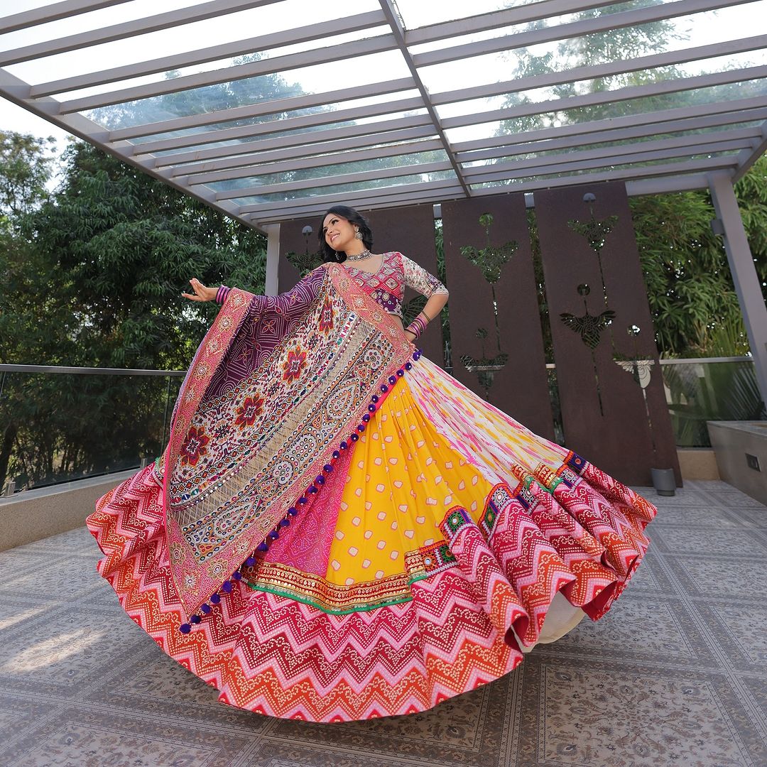Classy Silk Lehenga with Digital Print & Real Mirror Work – Perfect for Navratri