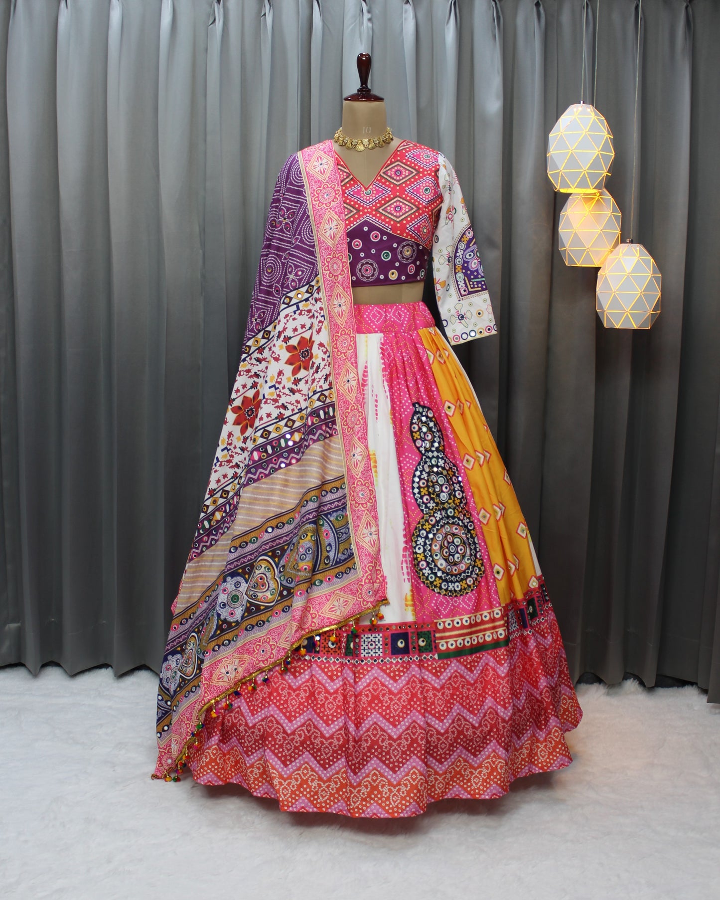 Classy Silk Lehenga with Digital Print & Real Mirror Work – Perfect for Navratri