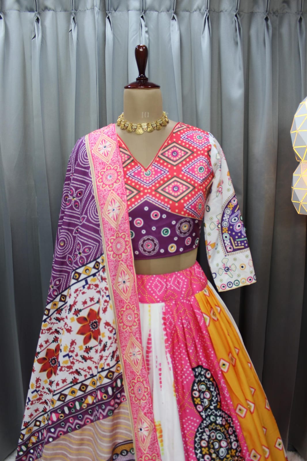 Classy Silk Lehenga with Digital Print & Real Mirror Work – Perfect for Navratri