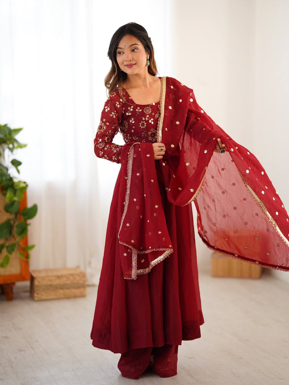 Premium Women’s Ethnic Wear Crunchy Silk Gown Set with Embroidered Dupatta & Matching Pant