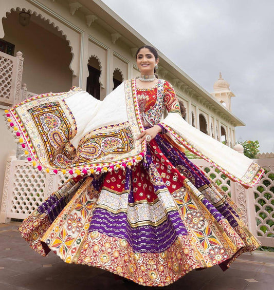 Shine Bright This Navratri in Silk Digital Print Lehenga with Mirror Work