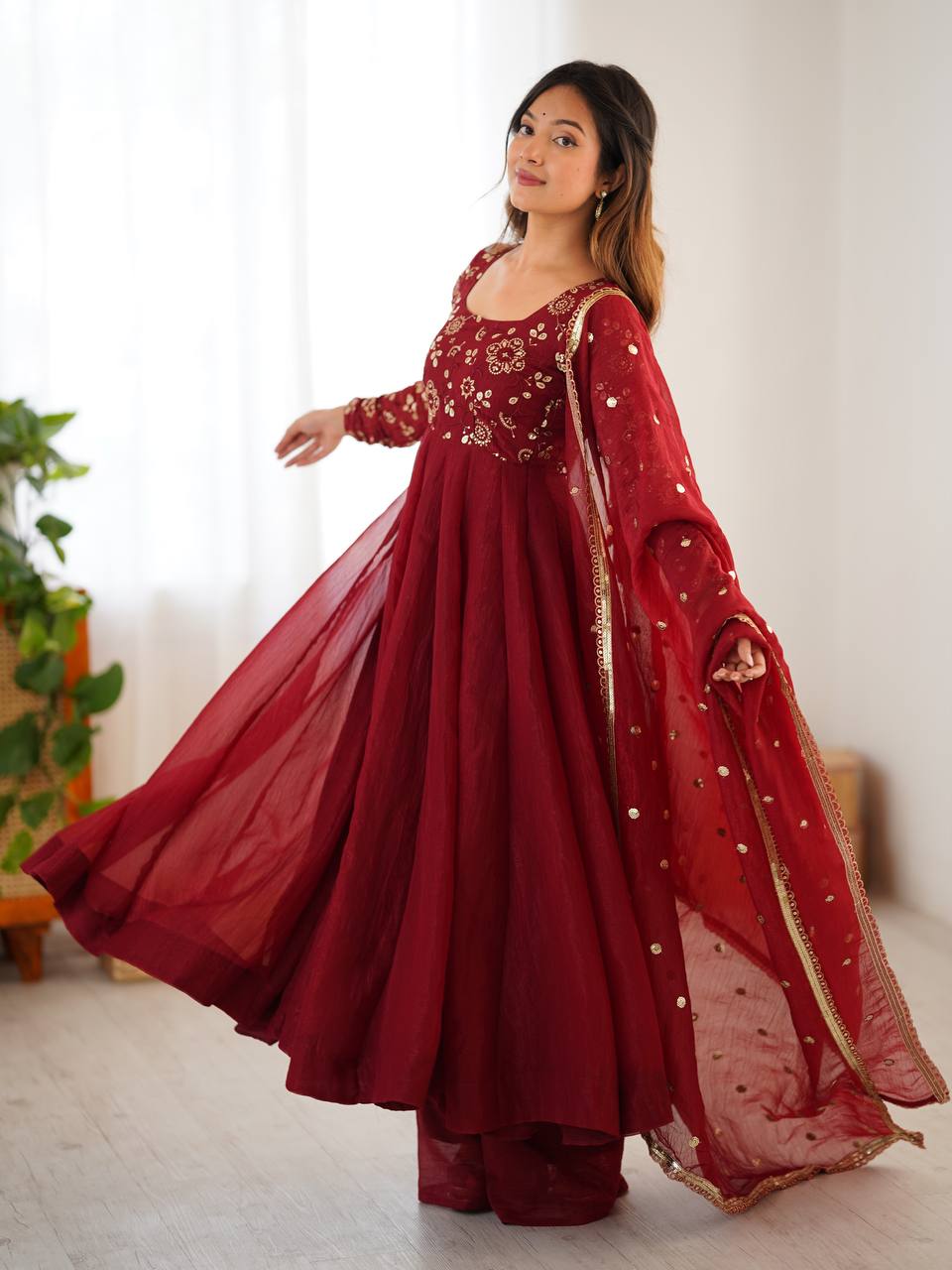 Premium Women’s Ethnic Wear Crunchy Silk Gown Set with Embroidered Dupatta & Matching Pant