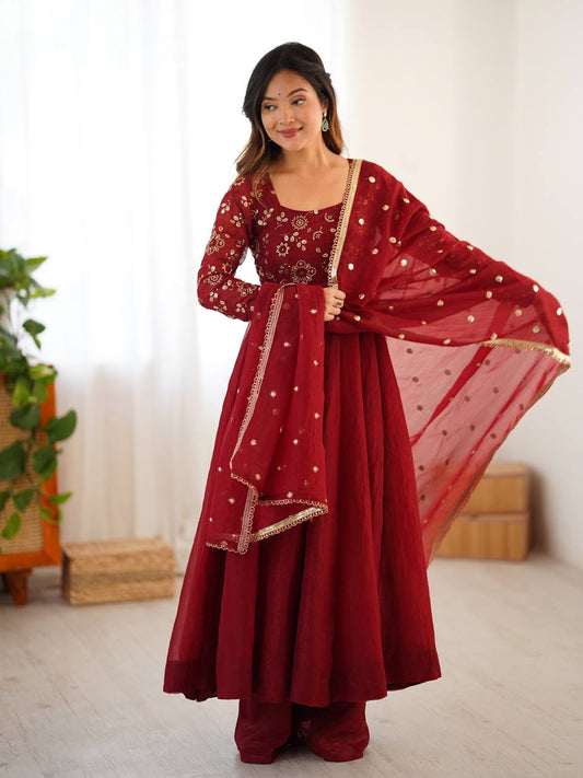 Premium Women’s Ethnic Wear Crunchy Silk Gown Set with Embroidered Dupatta & Matching Pant