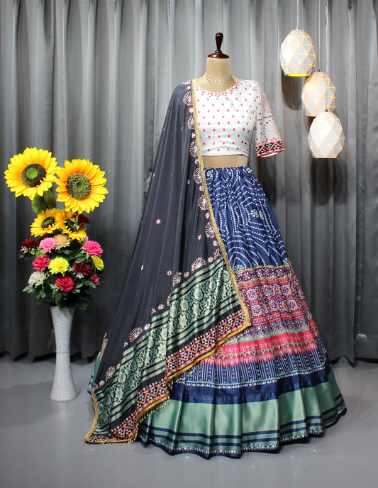 Navratri Special Soft Chinon Silk Lehenga with Digital Print & Real Mirror Work